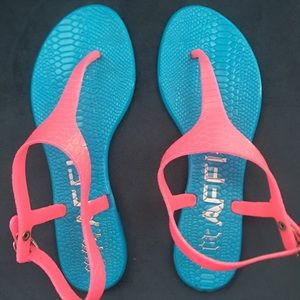 Pink and blue snake skin patterned sandals